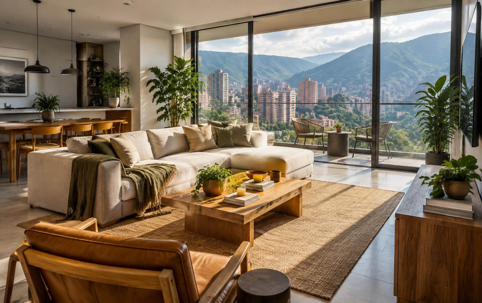 Sala de un apartamento en Medellín con vista a las montañas